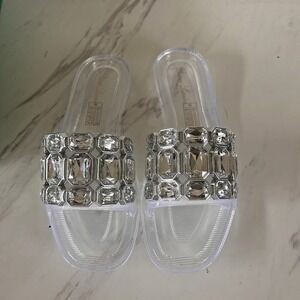 Lauren Lorraine Slip-on Sandals Embellished Clear Stones Sz 9 Medium Jade BxFF